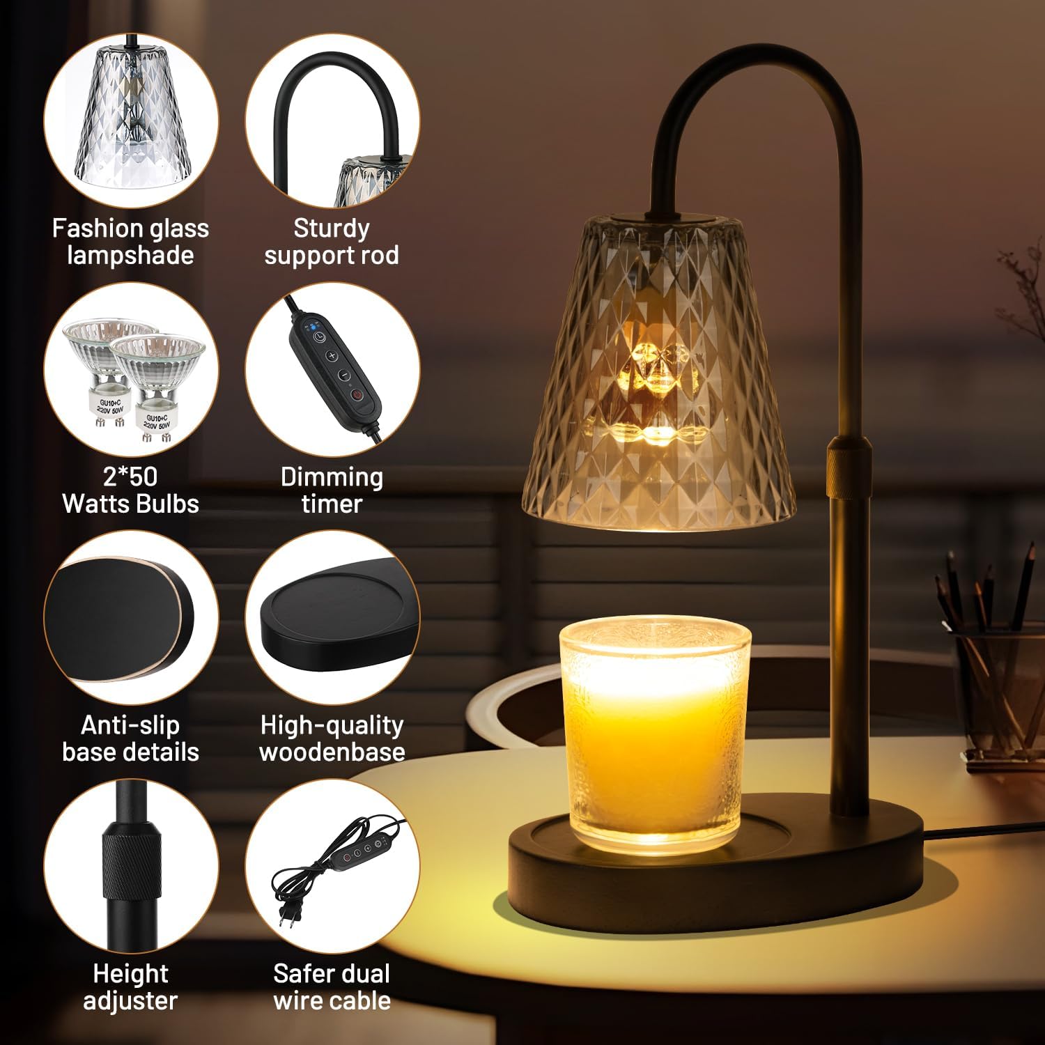 Candle Warming Lamp with Timer : Adjustable Light Level Adjustable Height Flameless and Smokeless Safety Candle Lamps - Jar Candles Home Decoration - Image 3