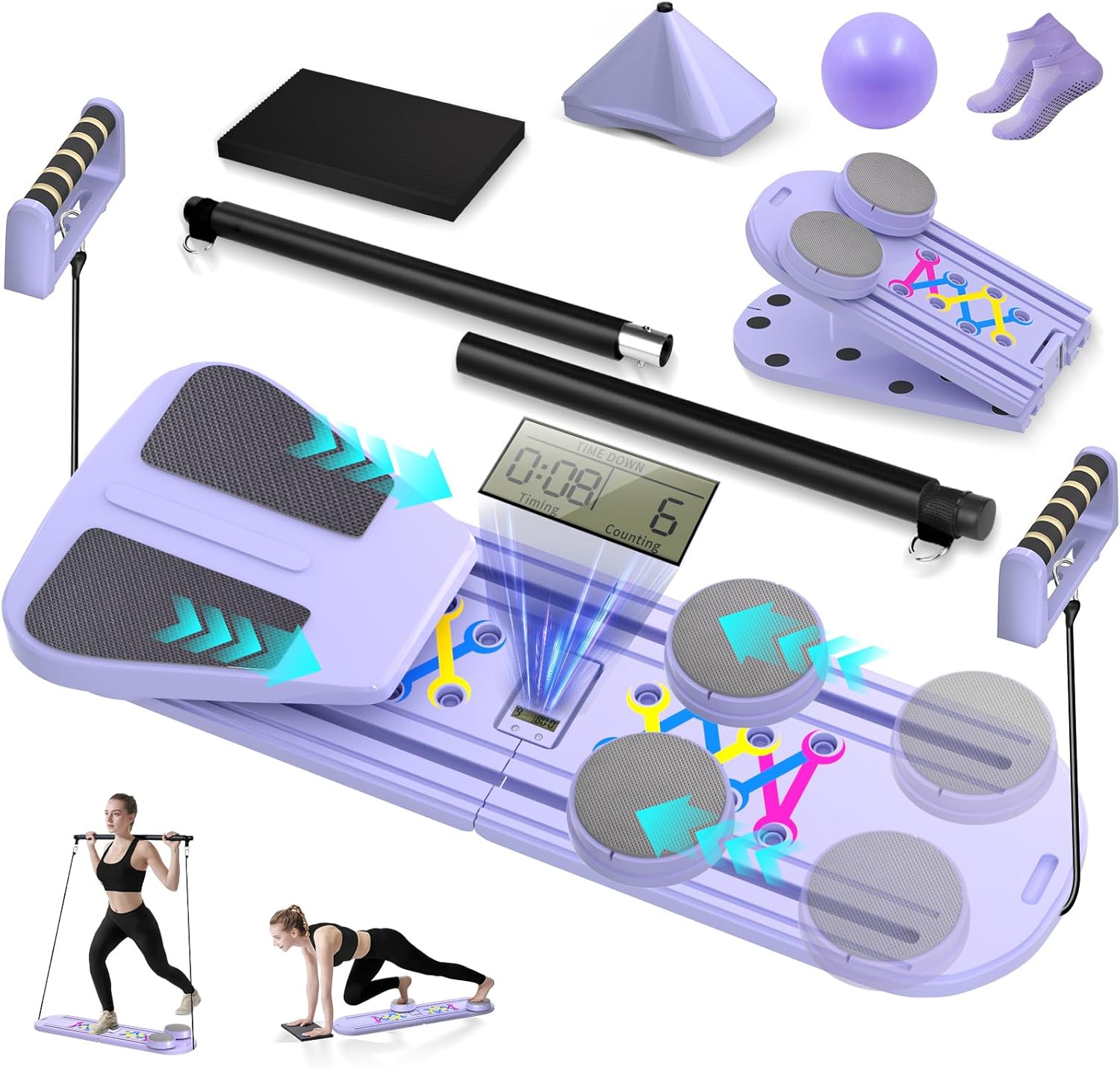 Pilates Board, Foldable Pilates Reformer Set for Home Workout with Timer, Multifunctional Portable Reformer Pilates Machine at Home Pilates Equipment