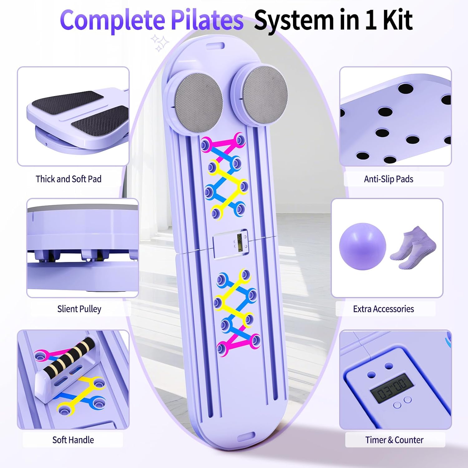 Pilates Board, Foldable Pilates Reformer Set for Home Workout with Timer, Multifunctional Portable Reformer Pilates Machine at Home Pilates Equipment - Image 8